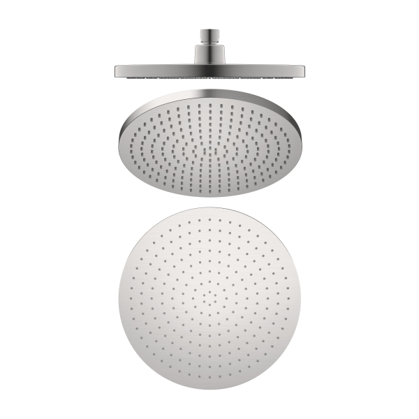 Nero 230mm round shower head in brushed nickel, shown front and side view on white background
