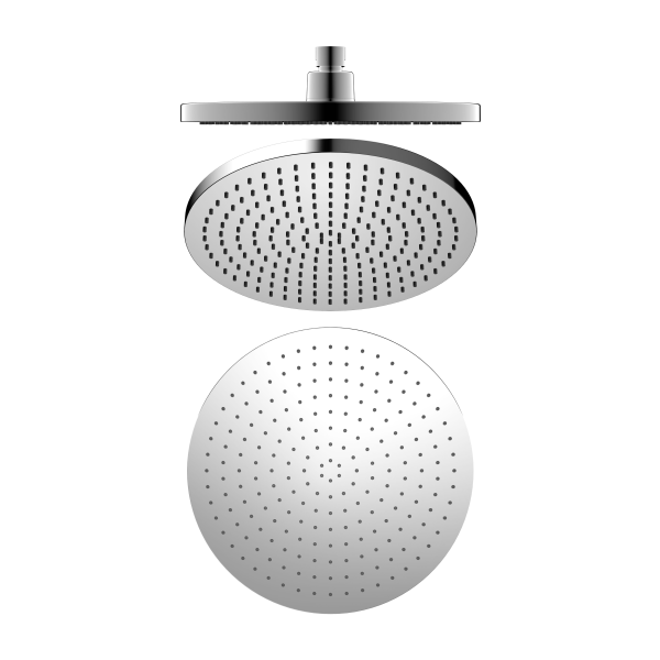 Nero 230mm Air Shower Head in chrome, round ceiling-mounted shower head with oval spray face, front view