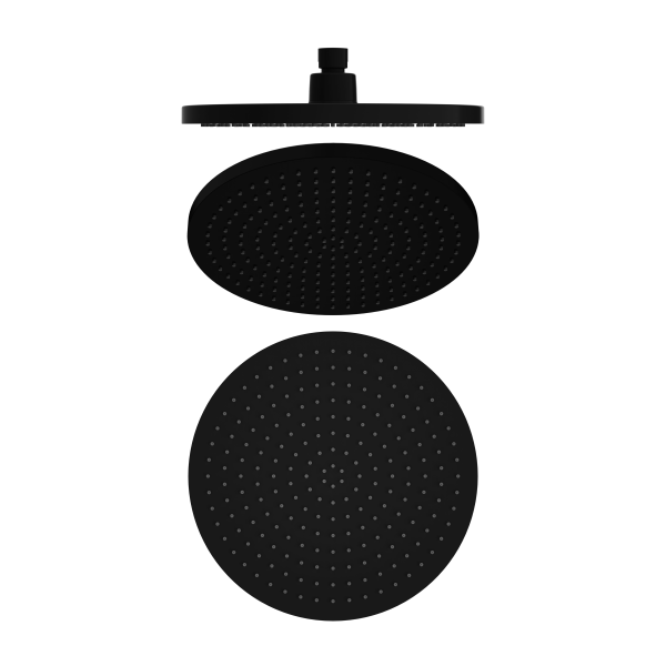 Nero 230mm round shower head in matte black, shown front and side views on a white background
