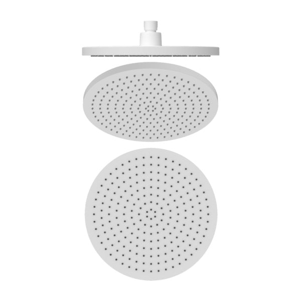 Nero 230mm round shower head in matte white, shown front-on with wall mount and spray face detail