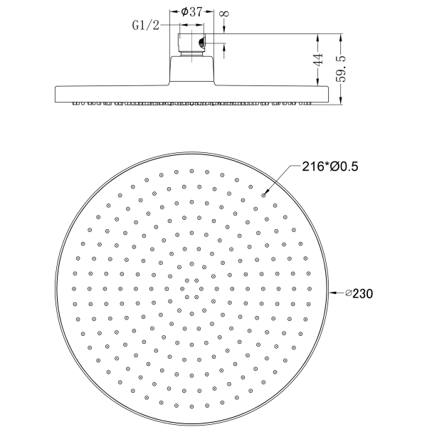 Technical drawing of Nero 230mm round shower head in chrome, with front and side views and dimensions marked