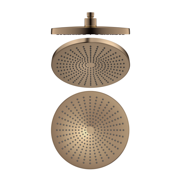 Nero Opal brushed bronze round shower head, front and side views, with wall-mounted arm connector on white background