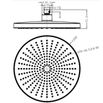 Nero Opal 250mm round shower head in brushed bronze, shown in technical drawing with dimensions and front view.