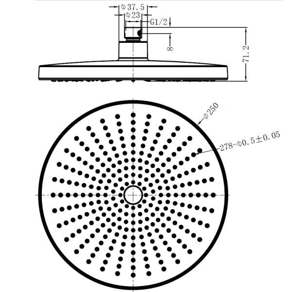 Nero Opal 250mm round shower head in brushed bronze, shown in technical drawing with dimensions and front view.