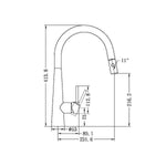 Nero Dolce pull out sink mixer technical drawing in gun metal, side view with dimensions and 11° spout angle