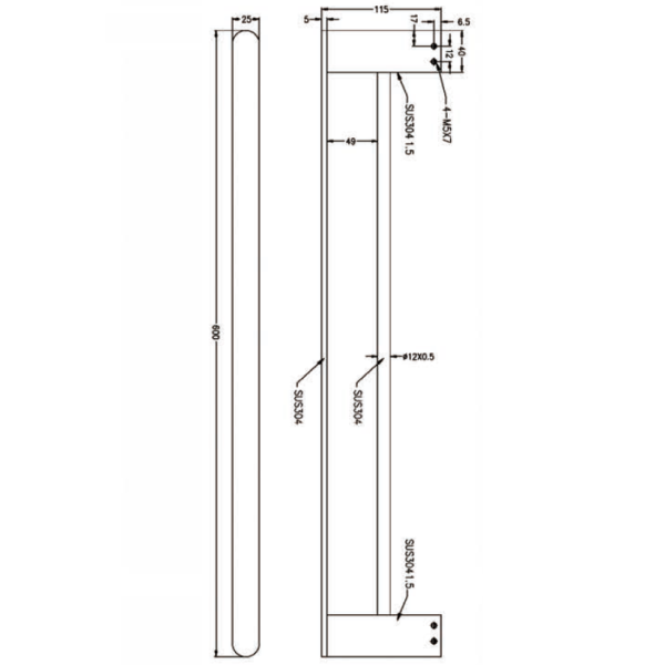 Technical drawing of Nero Bianca 600mm double towel rail, brushed gold, showing side and front dimensions