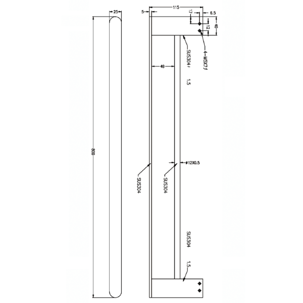 Technical drawing of Nero Bianca double towel rail, 800mm long, showing round gun metal bar and wall-mount dimensions
