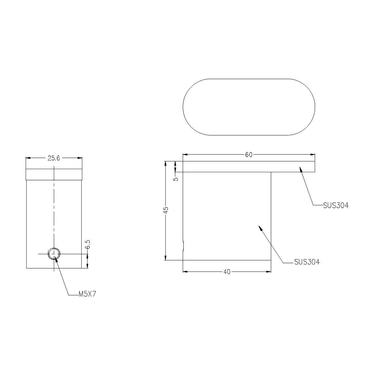 Technical drawing of Nero Bianca robe hook in matte black, with dimensions and SUS304 stainless steel callouts