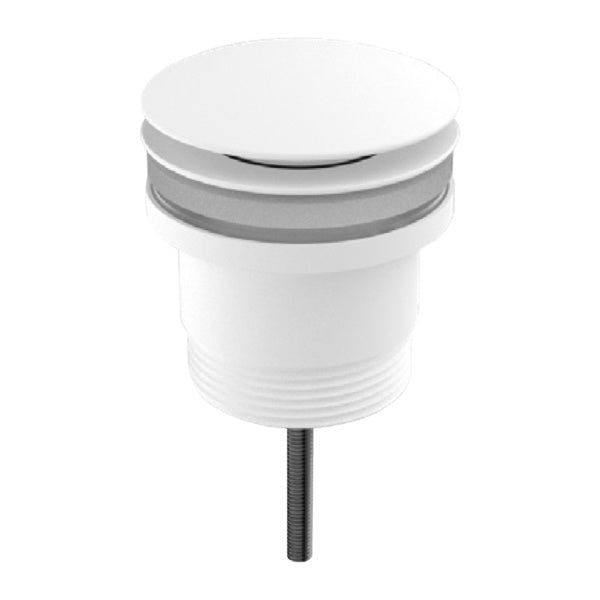Nero pop up basin waste in matte white, with round plug top and threaded underside, front view on white background