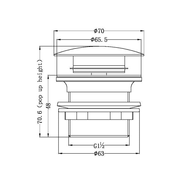 Nero 40mm bath pop-up waste technical drawing, graphite finish, with dimensions and no overflow shown
