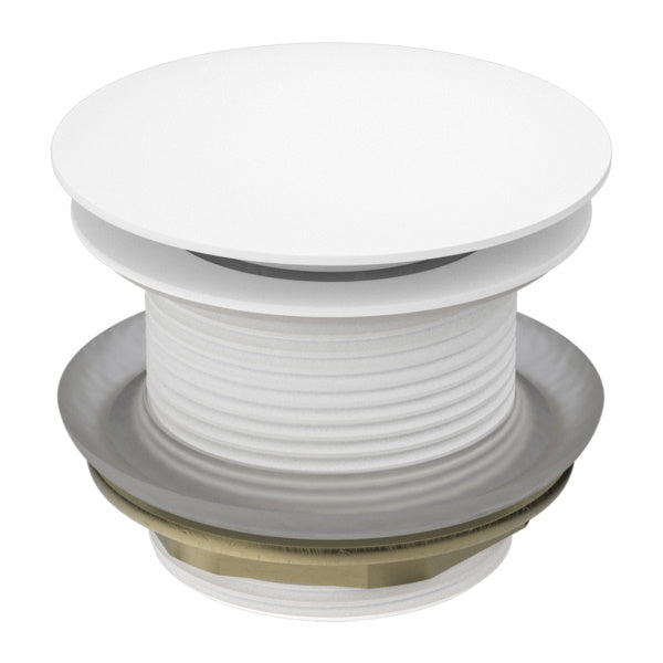 Nero 40mm bath pop-up waste plug in matte white, shown in a front product view on white background