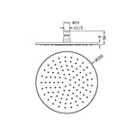 Nero 250mm round shower head, chrome, shown in technical drawing with front and side views