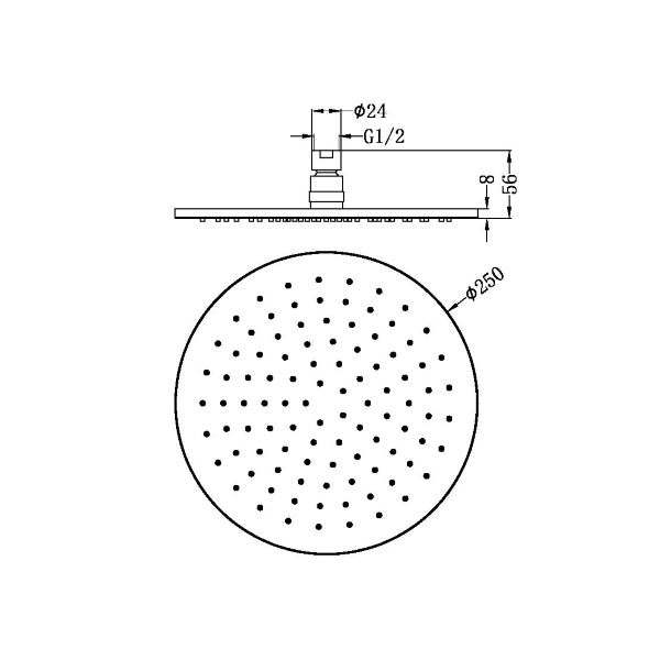 Nero 250mm round shower head, chrome, shown in technical drawing with front and side views