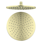 Nero 250mm round shower head in brushed gold, shown front and side on white background