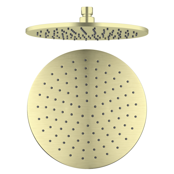 Nero 250mm round shower head in brushed gold, shown front and side on white background
