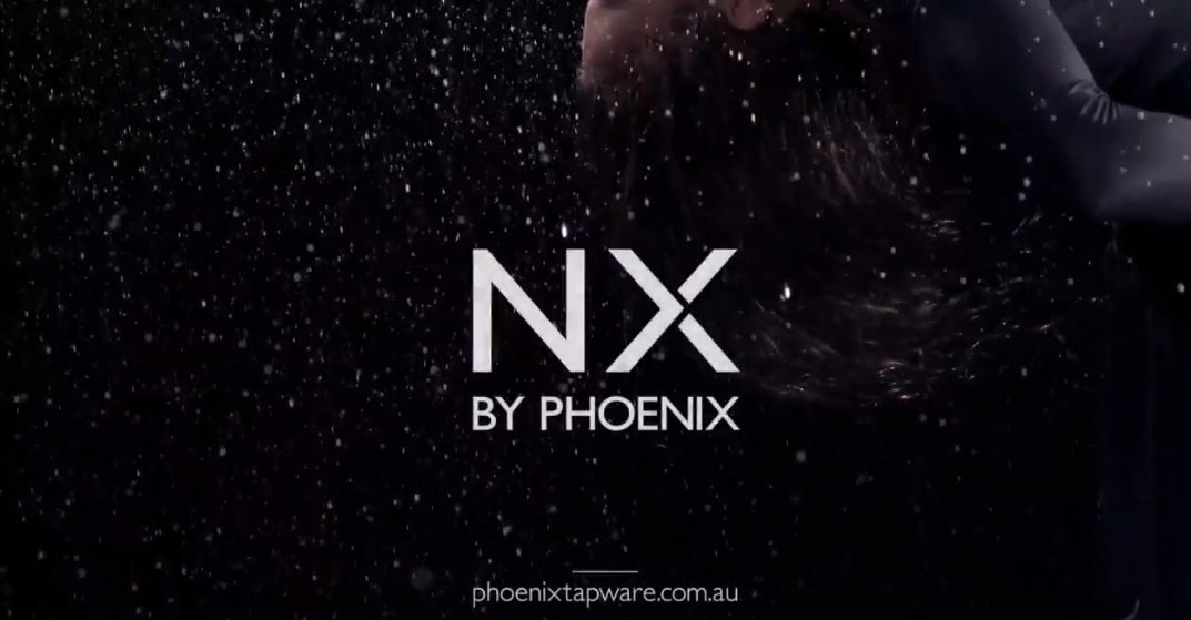 Phoenix NX by Phoenix logo on a dark background with floating water droplets and a partial showering figure, promotional graphic