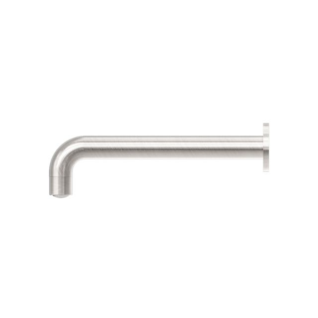 Nero Dolce brushed nickel basin/bath spout, wall-mounted straight L-shaped design, side view on white background