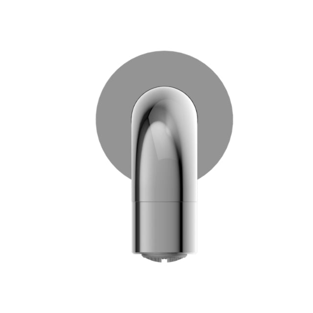 Nero Dolce wall-mounted basin/bath spout in chrome, front view with round backplate and curved outlet