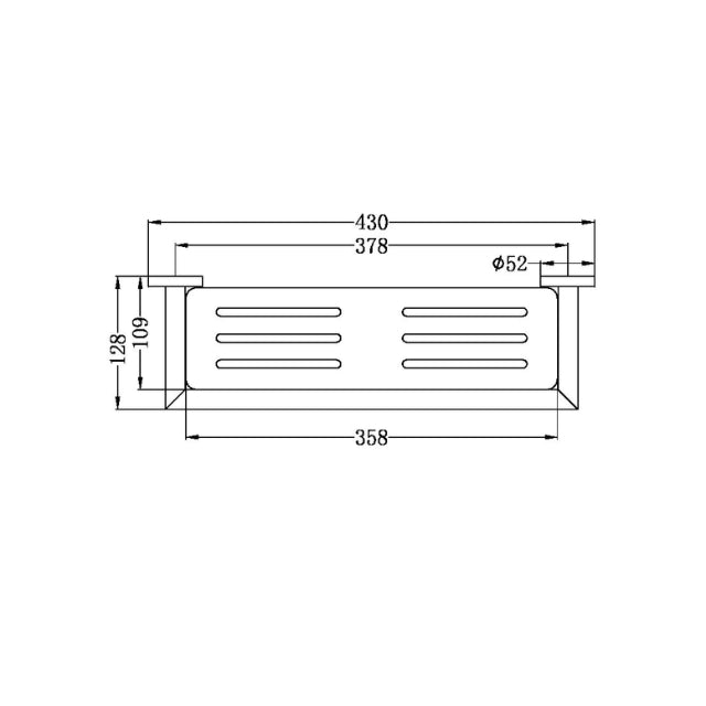 Technical drawing of Nero Dolce matte black metal shower shelf, showing 430mm length and 52mm wall fixings