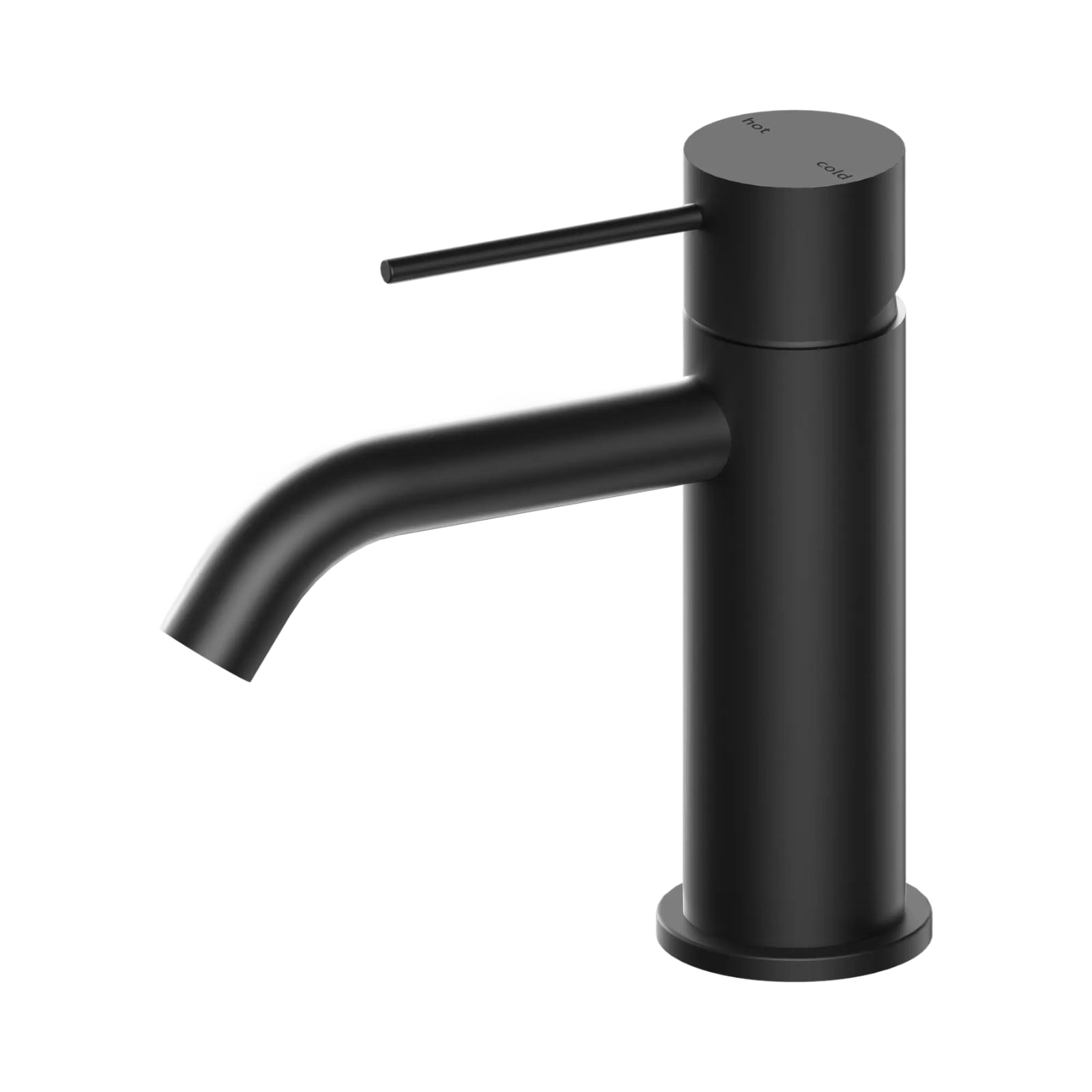 Nero Mecca basin mixer tap in matte black, single-lever cylindrical design, side view on white background