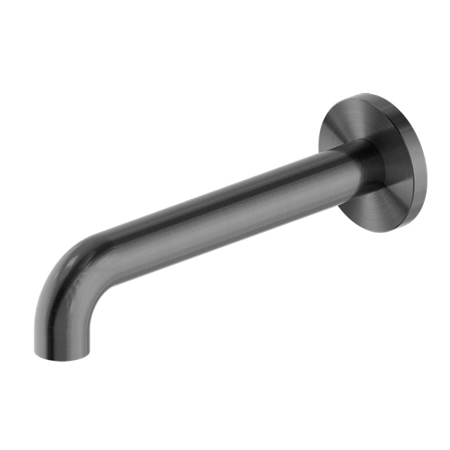 Nero Mecca wall-mounted basin/bath spout in gun metal, 160mm fixed outlet with round backplate, side view