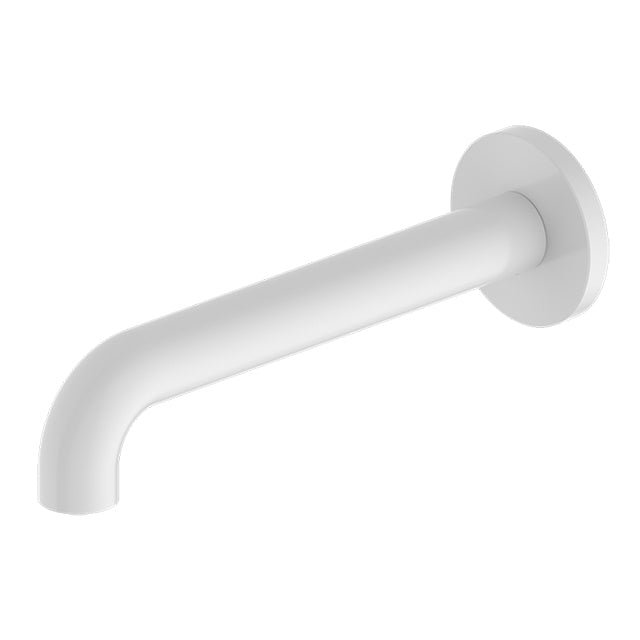 Nero Mecca wall-mounted basin/bath spout in matte white, 160mm reach, round backplate, side view