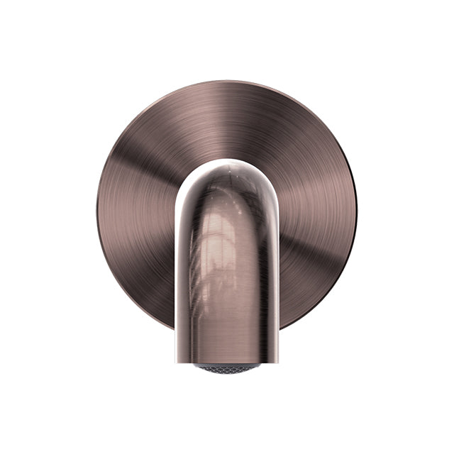 Nero Mecca basin/bath spout in brushed bronze, front view with round wall plate and curved outlet