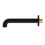 Nero Mecca matte black basin/bath spout with straight round profile and brass wall-mount backplate, side view