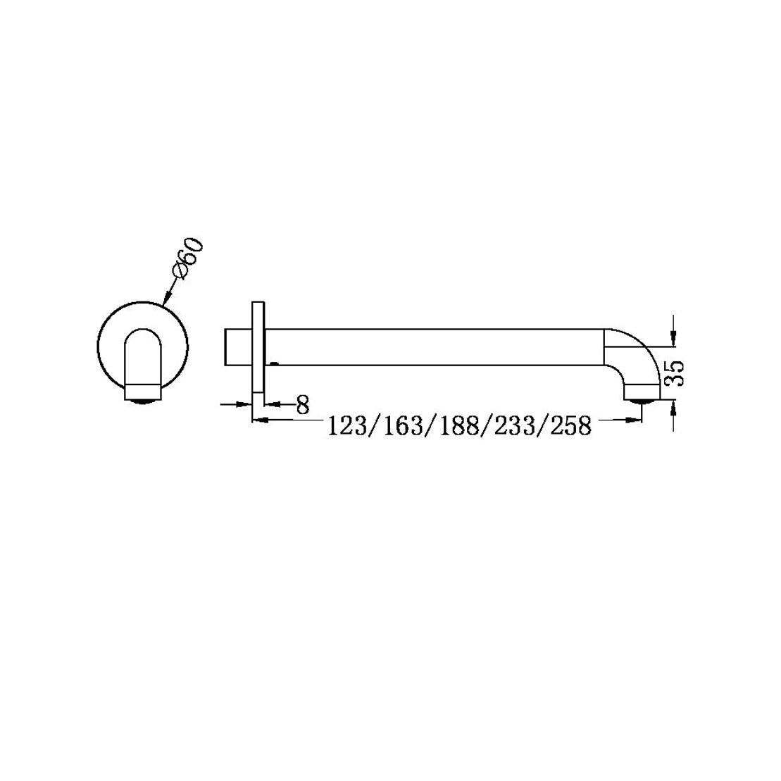 Nero Mecca wall-mounted basin/bath spout technical drawing, brushed bronze, showing 160mm reach and Ø60 backplate
