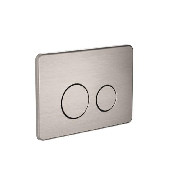Nero brushed nickel in-wall toilet push plate with two round flush buttons, rectangular concealed cistern plate
