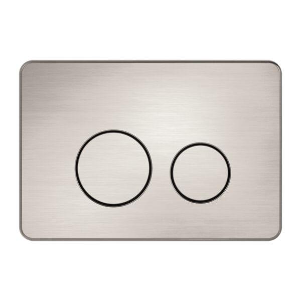 Nero brushed nickel concealed toilet push plate with two round buttons and rounded corners, front view