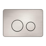 Nero brushed nickel concealed toilet push plate with two round buttons and rounded corners, front view
