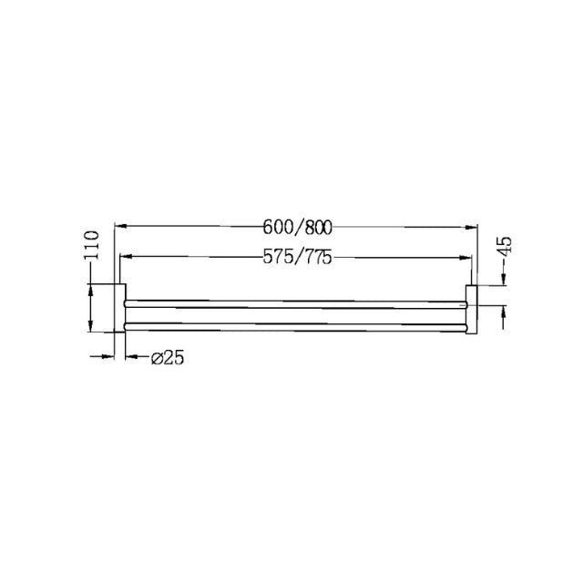 Technical drawing of Nero New Mecca double towel rail, 800mm brushed nickel, showing dimensions and fixing points