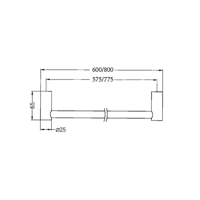 Technical drawing of Nero New Mecca single towel rail, showing 800mm length and mounting dimensions