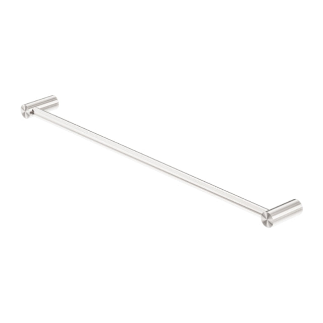 Nero New Mecca single towel rail, 800mm, brushed nickel finish, with round wall mounts on white background