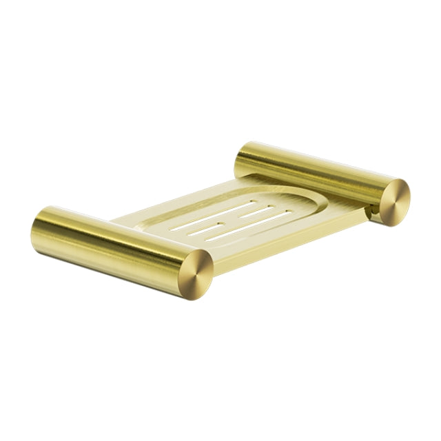 Nero New Mecca brushed gold soap dish holder with cylindrical rails, on white background