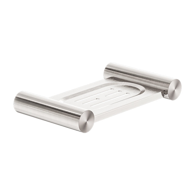 Nero New Mecca wall-mounted soap dish holder in brushed nickel with stainless steel rails and a slotted tray
