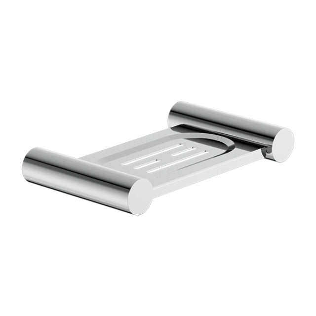 Nero New Mecca chrome soap dish holder with stainless steel wall mount and slotted tray, front view on white background