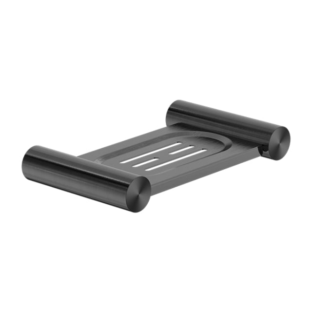 Nero New Mecca gun metal soap dish holder with wall-mounted stainless steel tray and cylindrical ends