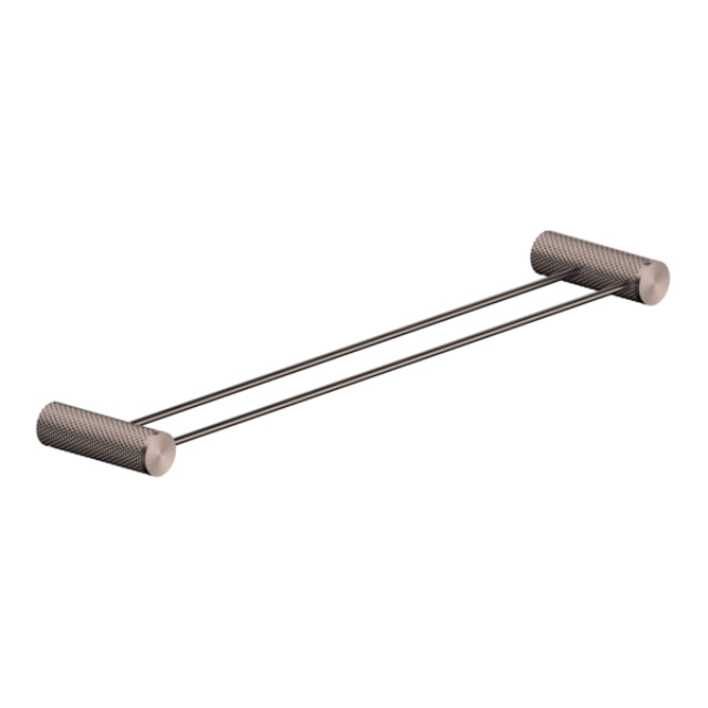 Nero Opal double towel rail 800mm brushed bronze, twin-bar bathroom accessory with knurled round mounts