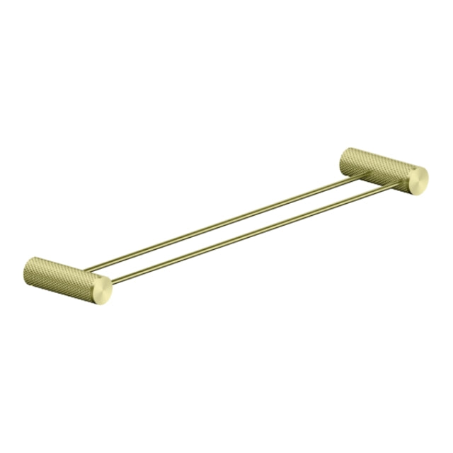 Nero Opal double towel rail, 800mm, brushed gold brass finish with textured round wall mounts on white background
