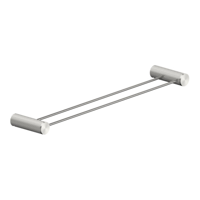 Nero Opal double towel rail 800mm in brushed nickel, with textured round wall mounts