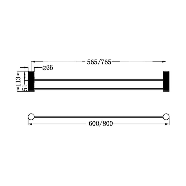 Technical drawing of Nero Opal double towel rail, 800mm, with dimensions in graphite finish