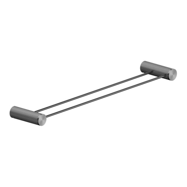 Nero Opal double towel rail 800mm in graphite, with two slim brass bars and knurled round mounts