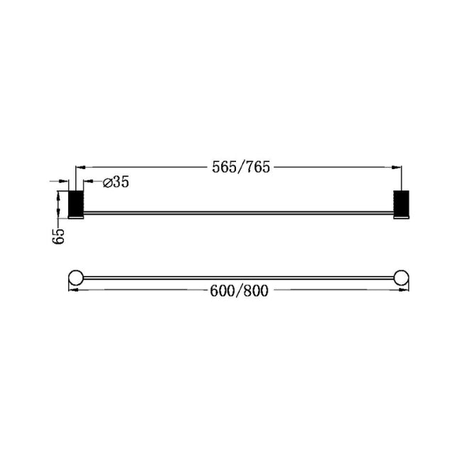 Technical drawing of Nero Opal single towel rail, showing 800mm length and fixing dimensions in brushed bronze finish
