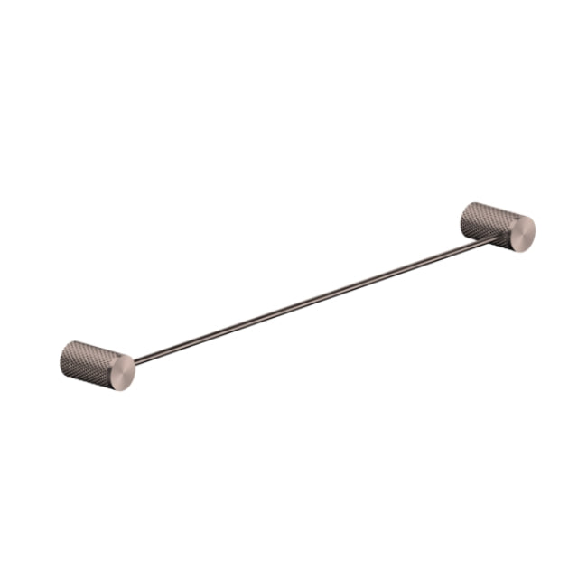 Nero Opal single towel rail, 800mm, brushed bronze, brass bathroom accessory with knurled round mounts on white background