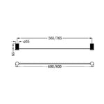 Nero Opal single towel rail technical drawing in graphite, showing 800mm length, 765mm fixing distance and 65mm projection