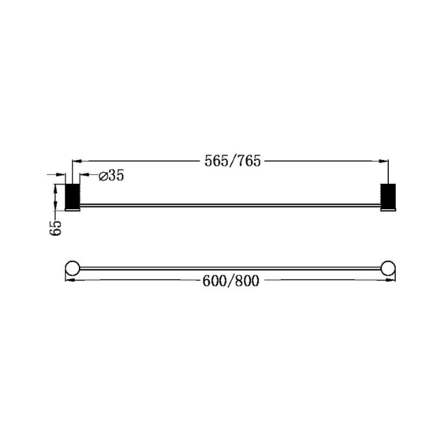 Nero Opal single towel rail technical drawing in graphite, showing 800mm length, 765mm fixing distance and 65mm projection
