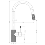 Nero Opal pull out sink mixer technical drawing in graphite, showing dimensions and side profile with curved spout and textured handle