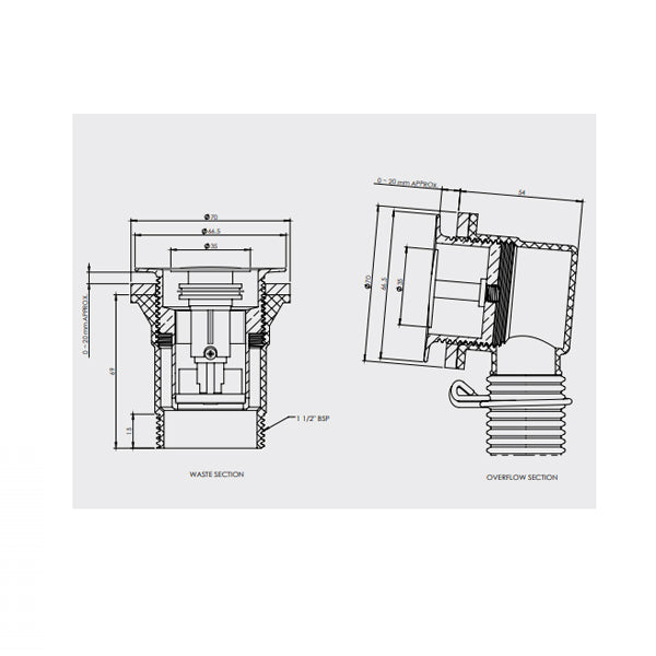 Decina bath pop-down overflow and waste kit technical drawing, waste and overflow sections in chrome finish